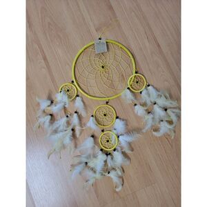 Yellow Dream Catcher White Feathers Black Beads Wall Hanging